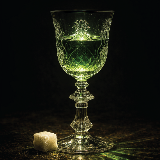 Decorative glass goblet with green liquid on a dark background
