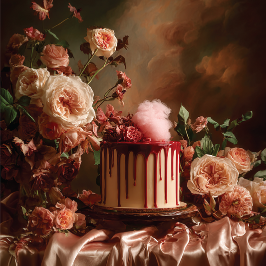 Decorative cake with floral arrangement on a dark background